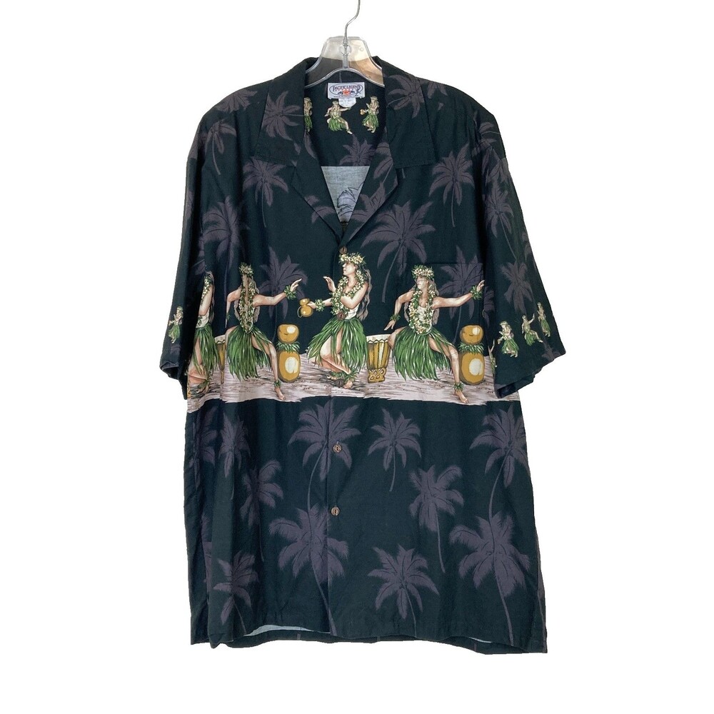 Pacific Legend Men's Vintage Hawaiian Shirt Size XL Dancing Hula Girls Black